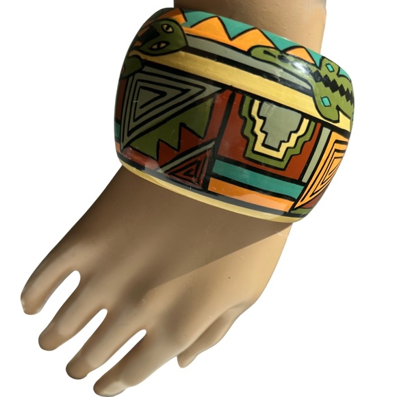 Handpainted Artisan Aztec Snake Pattern Green Brown Wide Wood Bracelet - Picture 5 of 7